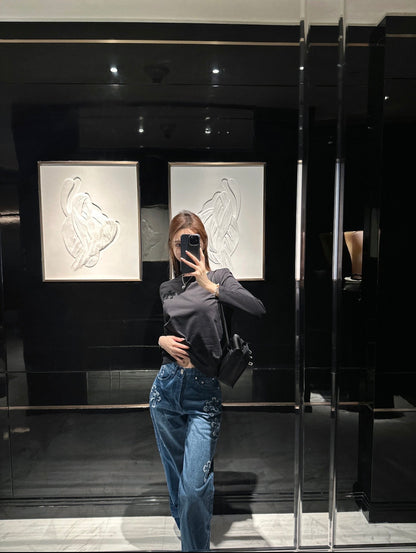 주말QZ / 크롬하츠 플로킹 문자 라운드넥 긴팔 티셔츠