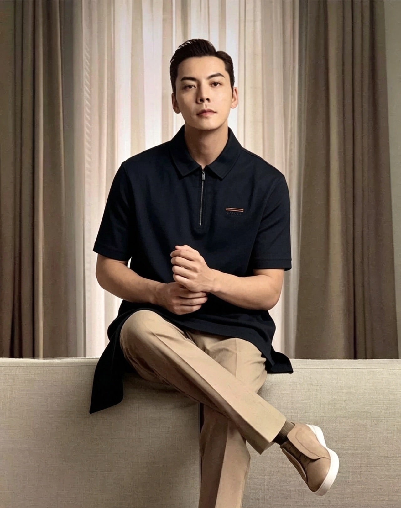 주말QZ / 제냐 반지퍼 리넨 무지 반팔 폴로 셔츠