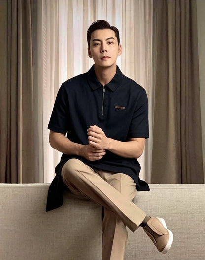 주말QZ / 제냐 반지퍼 리넨 무지 반팔 폴로 셔츠