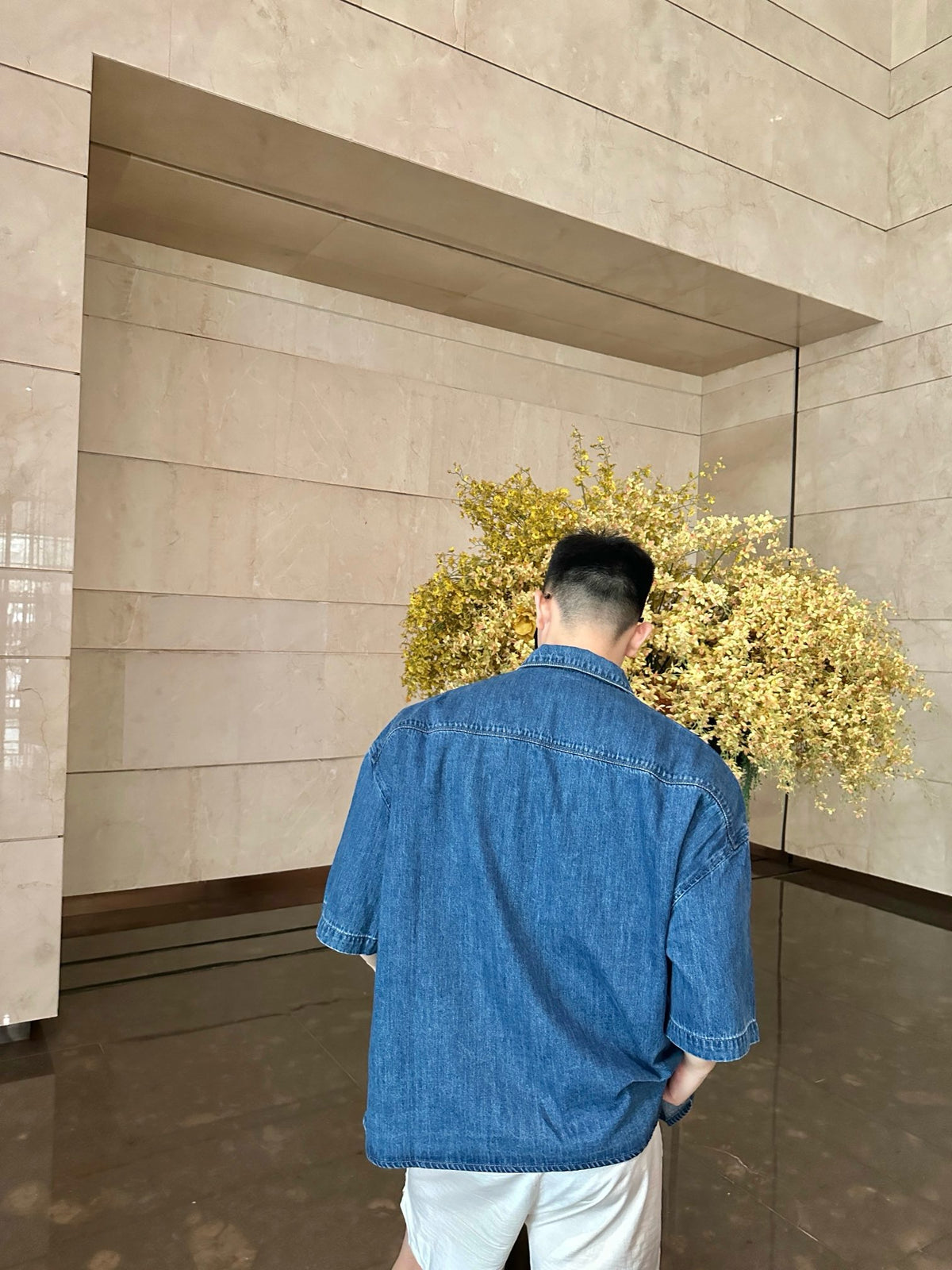 사슬공장2 / 로에베 워시드 코튼 자수 데님 반팔 셔츠