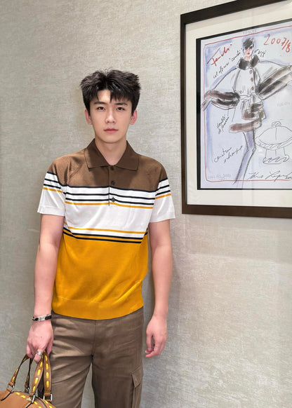 BVG / 펜디 컬러 대비 스트라이프 니트 반팔 폴로셔츠