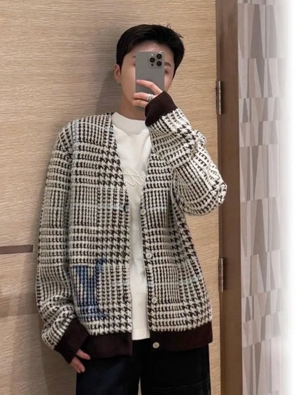주말QZ / 루이비통 브이넥 체크 긴팔 가디건