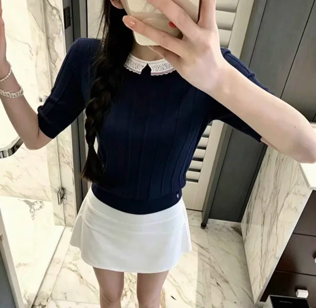 MK  / 톰브라운 레이스 넥 반팔 티셔츠
