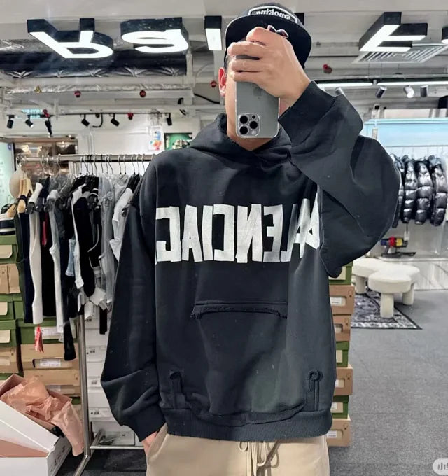 꼬부기 / 발렌시아가 후드티 ,  B24fw흑실버테이프프린트누비후드/3D입체컷팅/히든포켓