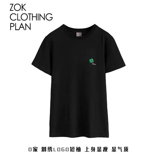 ZOK / 디올 클로버 자수 반팔 티셔츠
