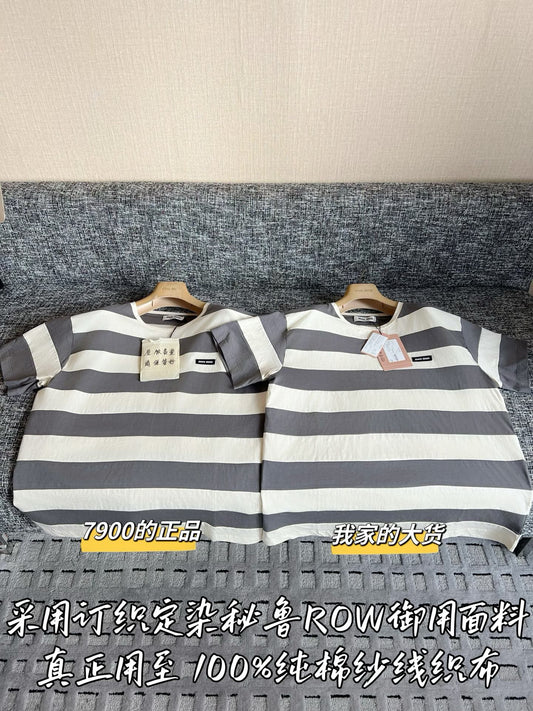 Timo / Miu Miu Gray-White Striped Short-Sleeve