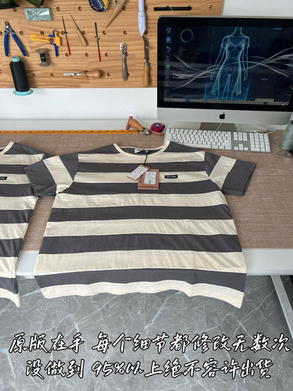 Timo / Miu Miu Gray-White Striped Short Sleeve