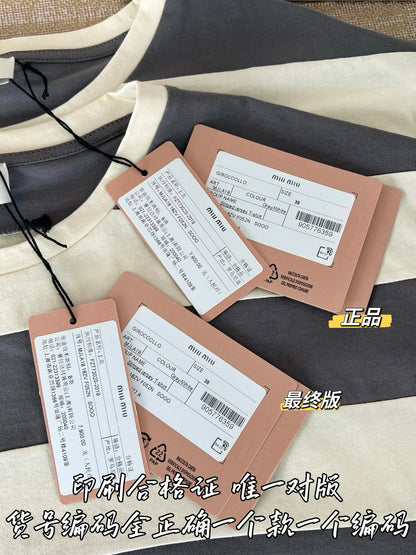 Timo / Miu Miu Gray-White Striped Short Sleeve