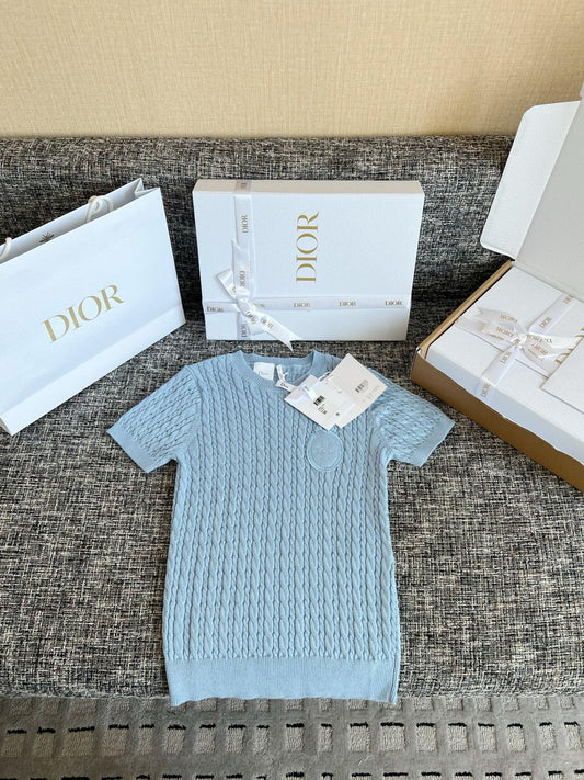 Timo / Dior Blue Cable Knit Short-Sleeve Sweater