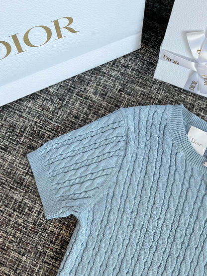 Timo / Dior Blue Cable Knit Short-Sleeve Sweater