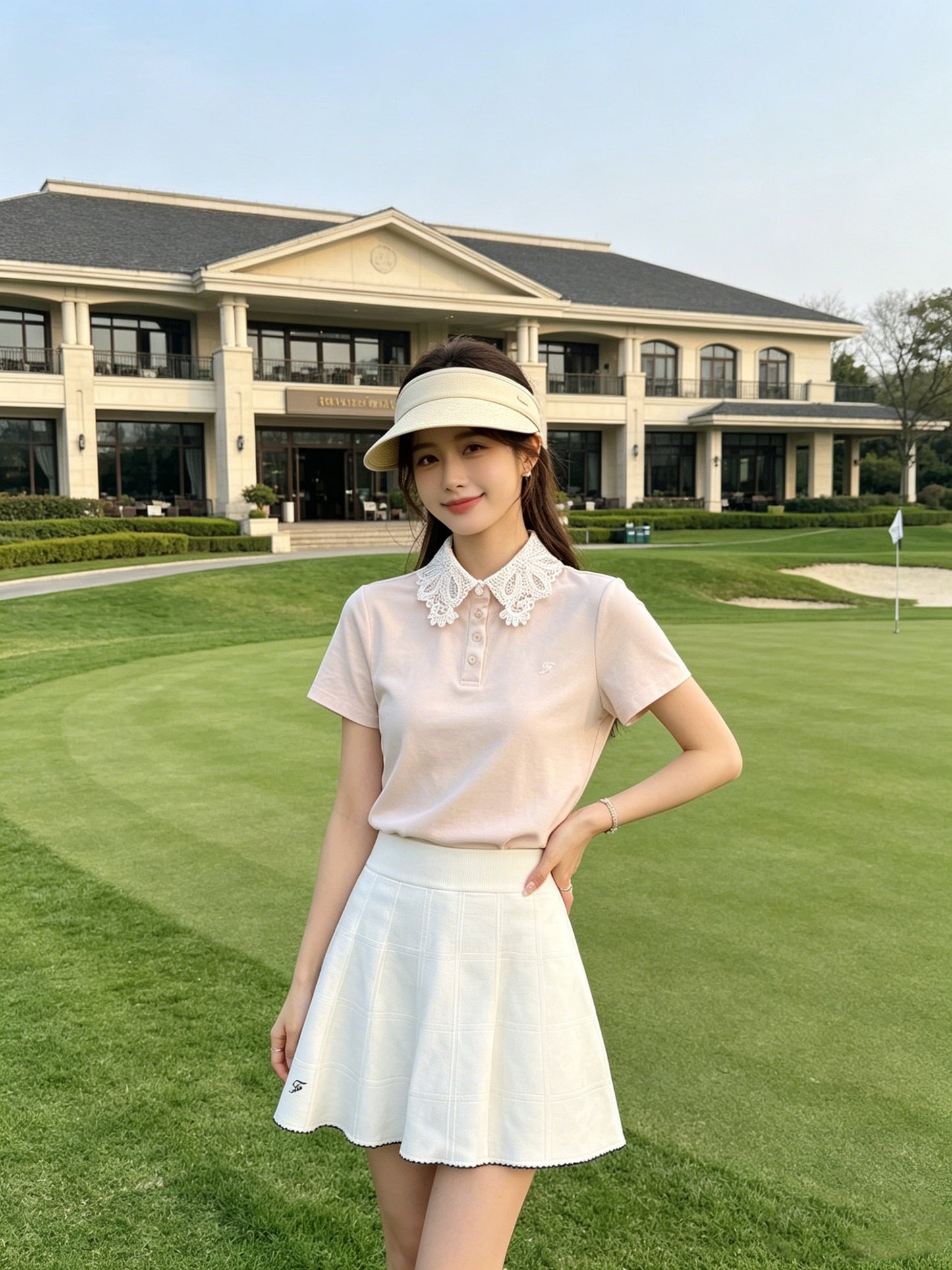 마이골프 / 골프 봄여름 신상 이중 레이스 프릴 칼라 상의